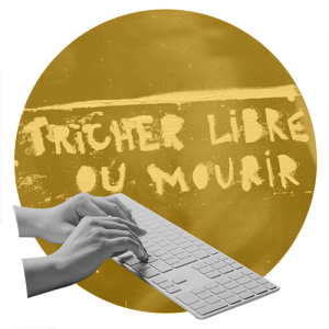 Photomontage de mains tapant sur un clavier d'ordinateur, avec en fond un tag sur un mur extérieur.